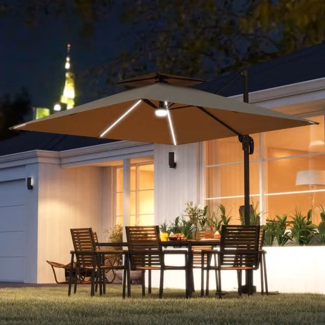 Outsunny Solar Powered Cantilever Garden Parasol in Khaki