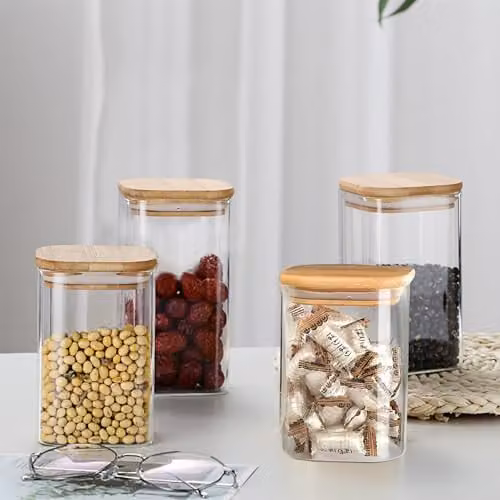 Simpa Set of 4 Square Glass Food Storage Jars with Airtight Bamboo Lids, 1100ml, Transparent – 2
