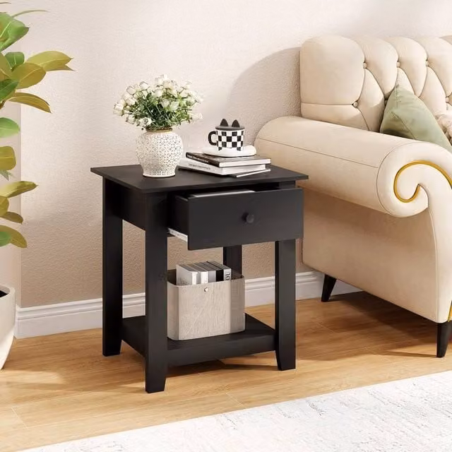 KORVIXA Set of 2 Modern 3-Tier Bedside Tables with Drawer in Black