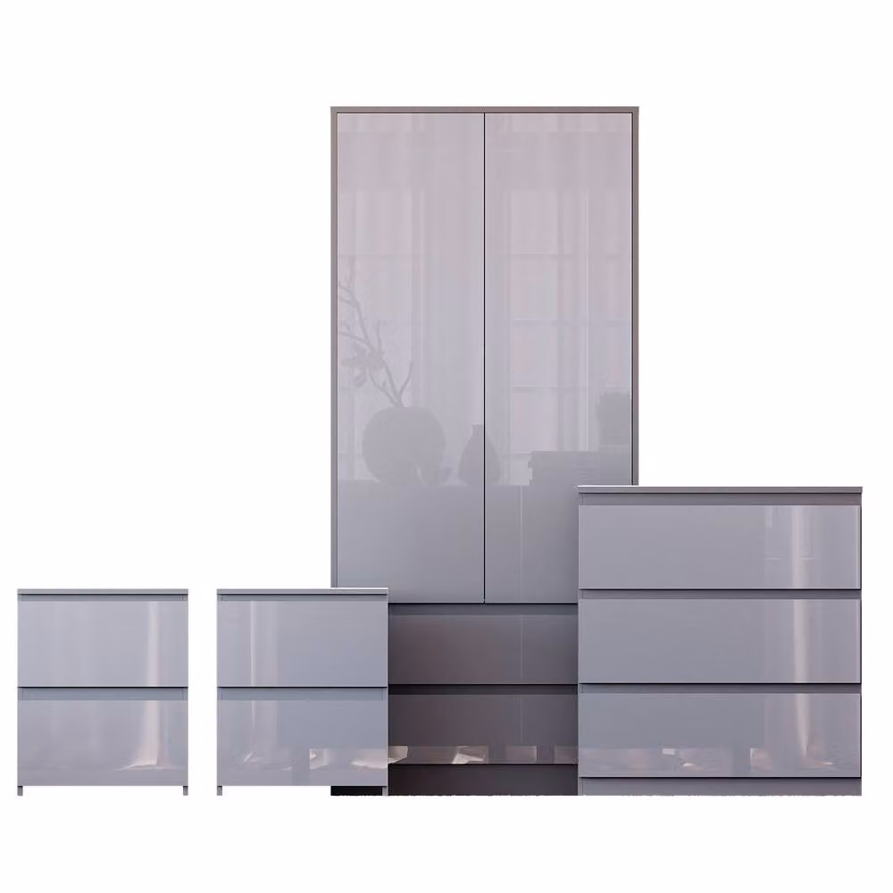 Vida Designs Glinton 4 Piece Grey Glossy Bedroom Set Including 2 Bedside Tables, 3 Drawer Chest and Wardrobe – 2