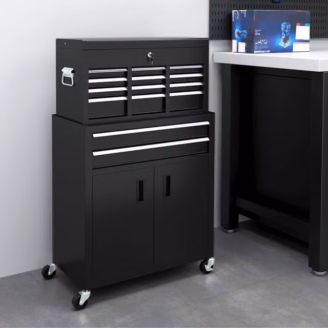 HOMCOM Portable Lockable Tool Chest with Wheels and Drawers, Black