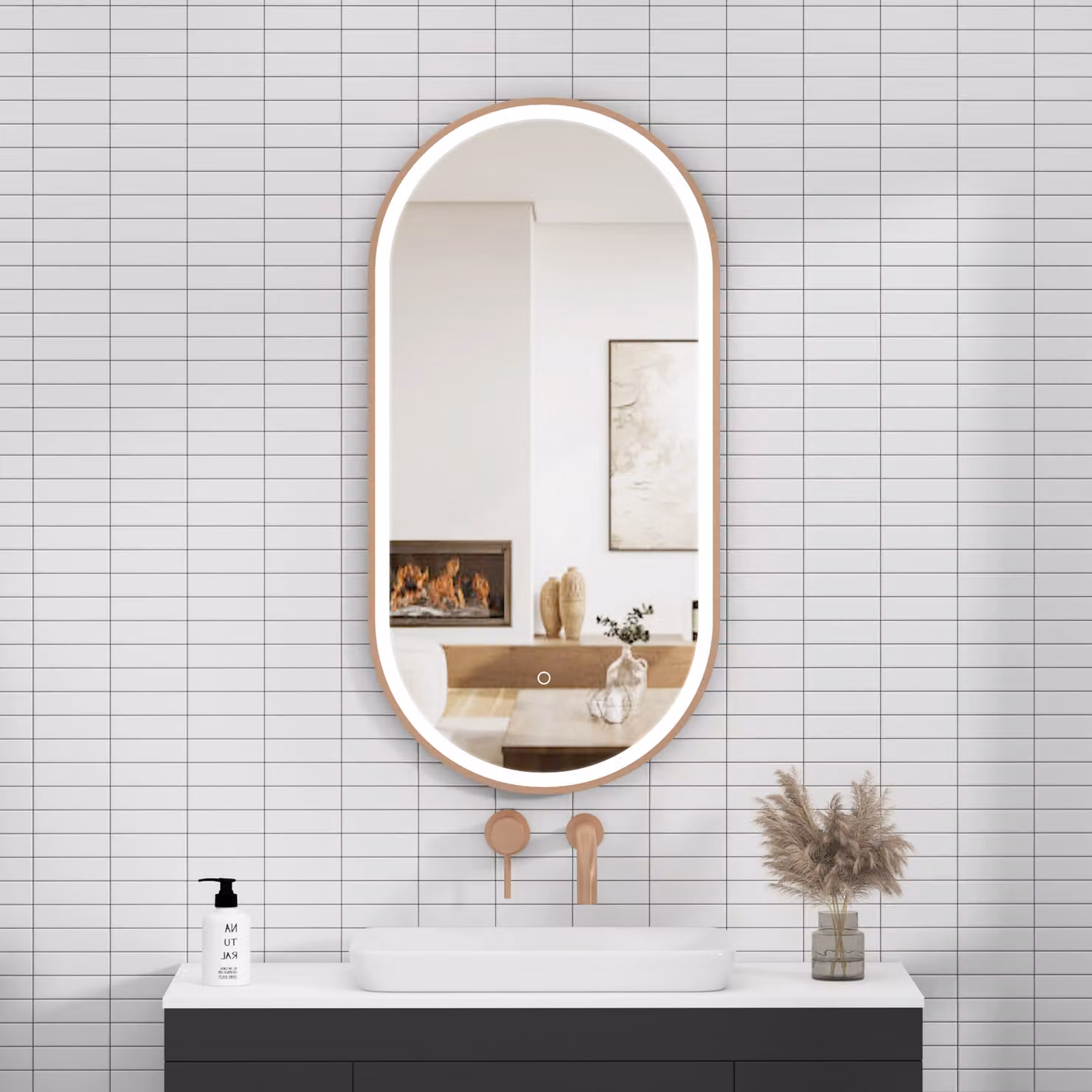 Royal Bathrooms Elite Capsule Mirror with Brushed Bronze Frame, LED Illumination, Demister Pad and Touch Sensor, W: 45.0 cm, H: 90.0 cm