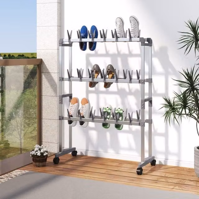 Berkfield Home Silver Metal Shoe Rack with Wheels, W/D/H: 66 x 27 x 100 cm