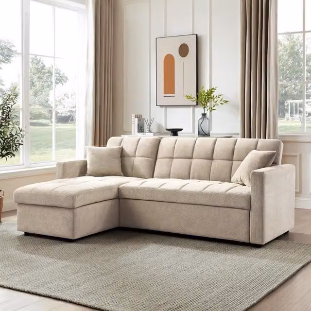 Home Detail Harry Reversible L-Shape Pull-Out Sofa Bed with Chaise in Beige, W/D/H: 210 x 145 x 84 cm – 1