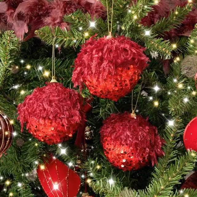 Melody Maison Set of 3 Large Round Red and Gold Seaquin and Feathered Top Christmas Baubles