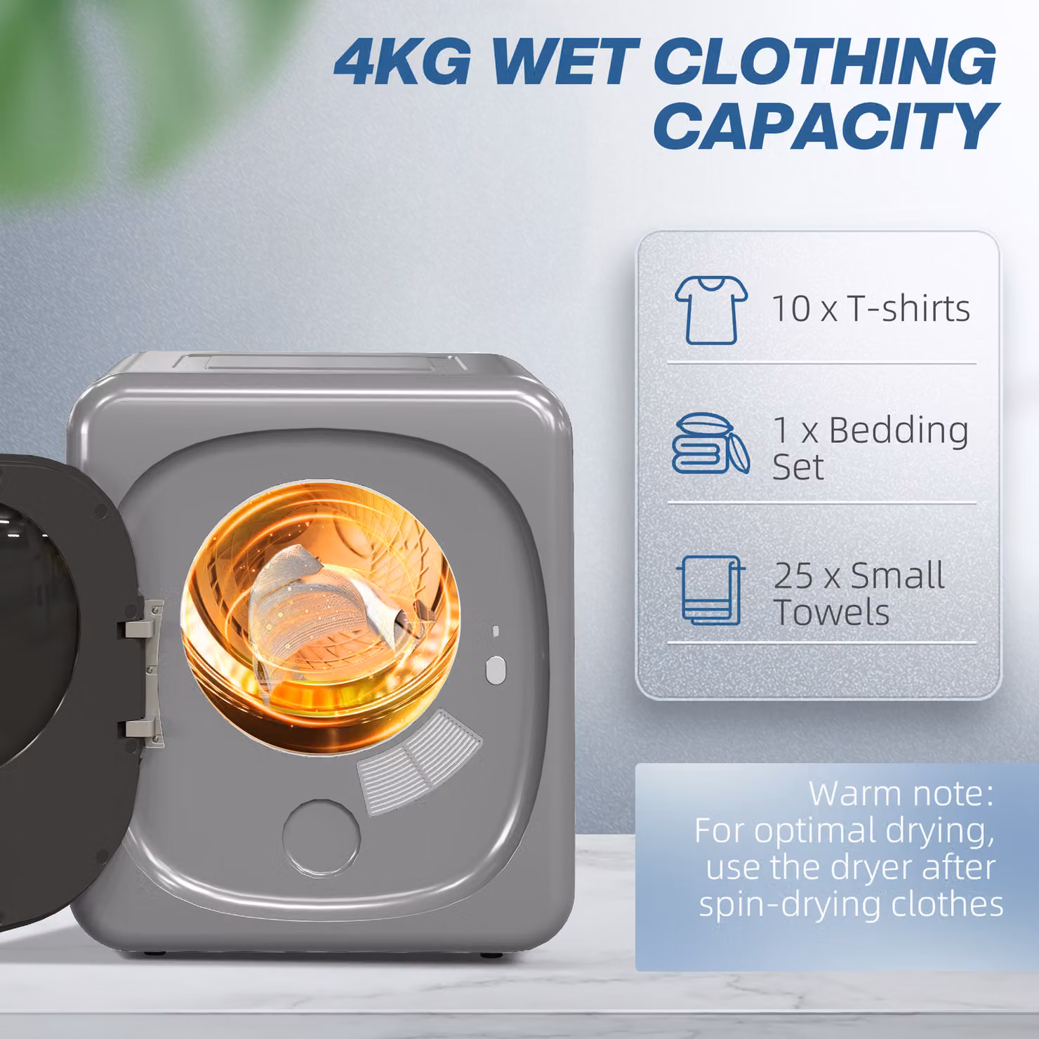 HOMCOM 2.5kg Vented Front Loader Tumble Dryer with Smart Mode and Stainless Steel Tub, Silver Tone, W/D/H: 56 x 48 x 48 cm – 4