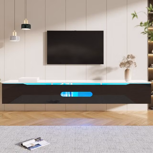 Aosom UK Modern Glossy TV Cabinet with 3-Door Soft-close Storage and APP-controlled LED Lighting, Black and White, W: 180 cm, D: 35 cm, H: 30 cm – 1