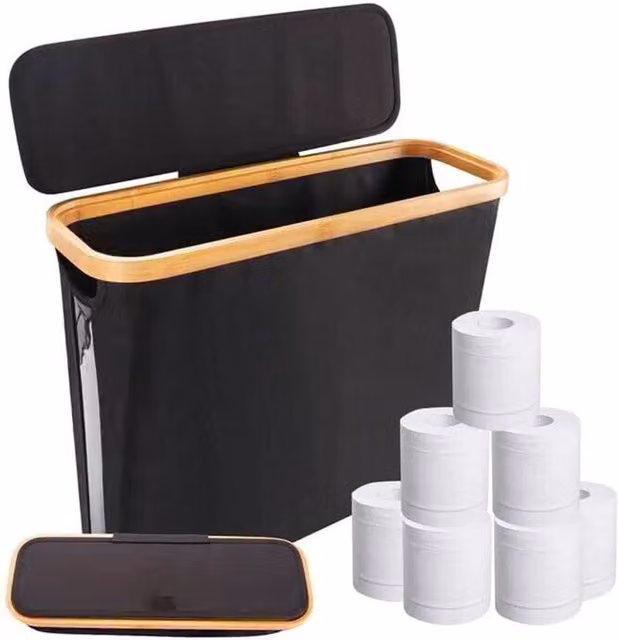 Nordara Bamboo Oxford Cloth Toilet Paper Roll Storage Basket with Lid, Black, W: 50 cm, D: 50 cm, H: 35 cm