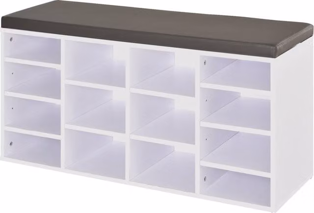 HOMCOM Multi-Storage Shoe Rack with 14 Compartments and Cushion in White – 1