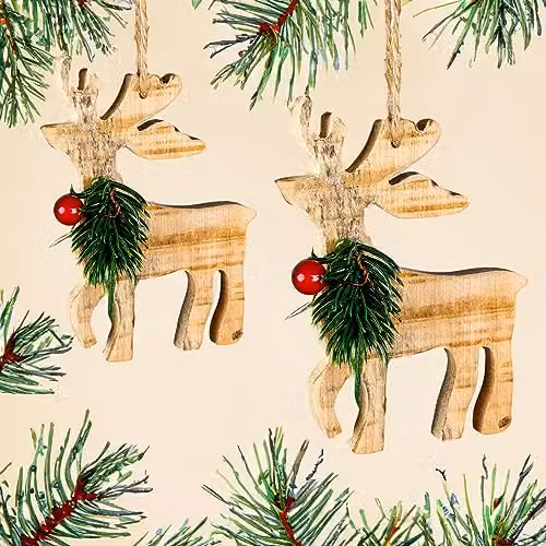 Shatchi Rustic Wooden Reindeer Hanging Christmas Tree Decoration, Brown and Multicolour, W/D/H: 12 x 8 x 1.5 cm – 4
