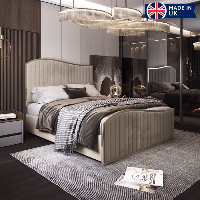 Darlington Soft Velvet Upholstered Metal Bed Frame in Cream, W/D/H: 140 x 200 cm
