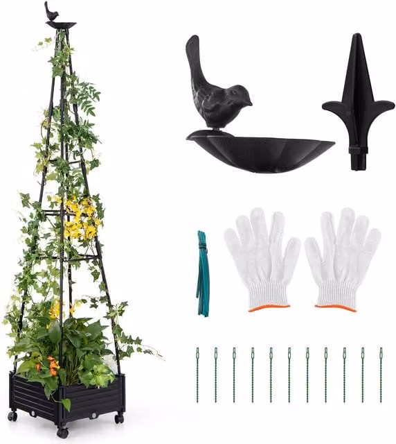 Costway Black Metal Garden Obelisk Trellis with Wheels, Tall Plant Support for Climbers and Vegetables, Height: 206 cm – 1