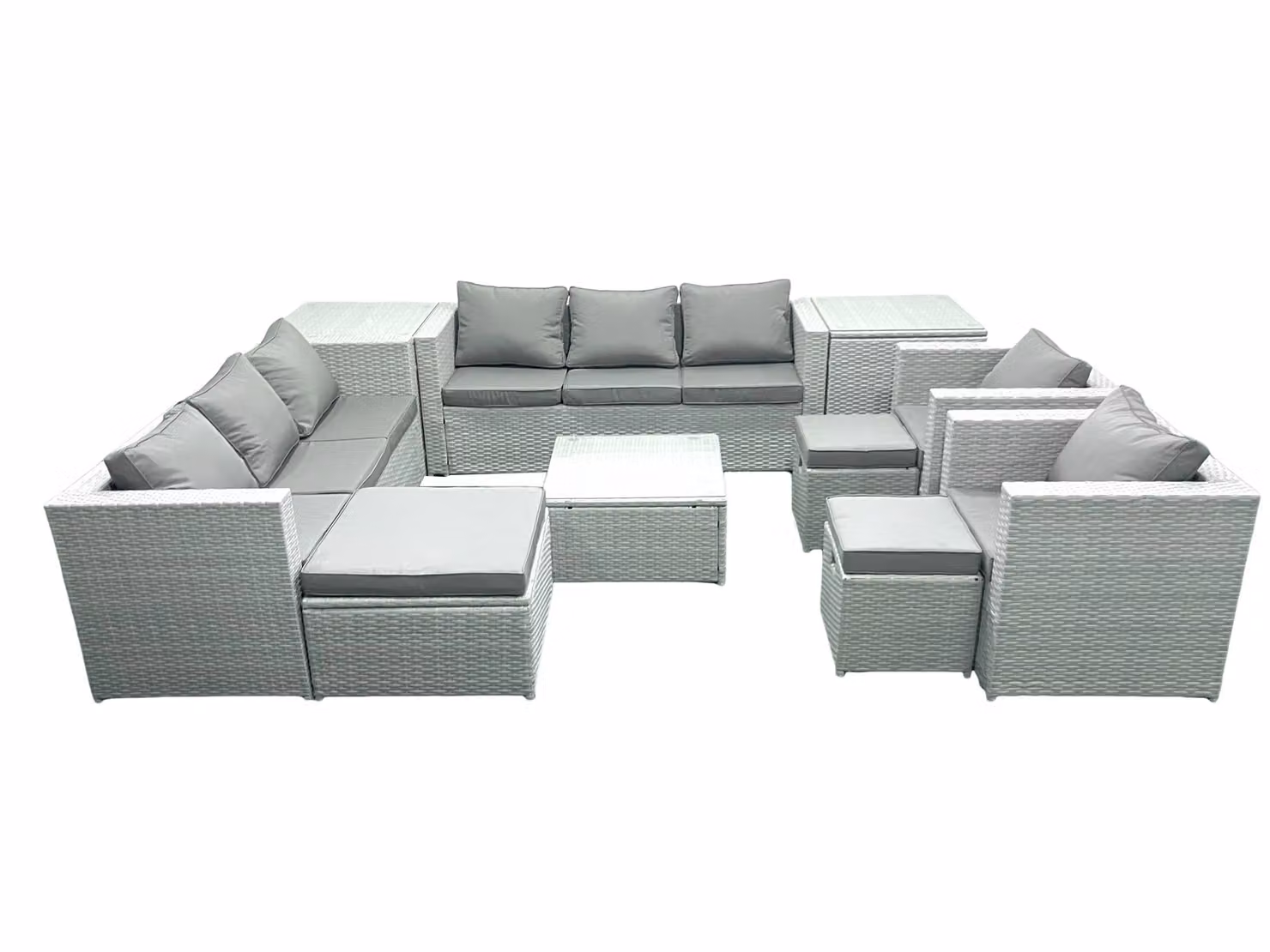 Fimous Outdoor Rattan Garden Furniture Set in Light Grey with 2 Armchairs, Square Coffee Table, 3 Footstools and 2 Side Tables – 2