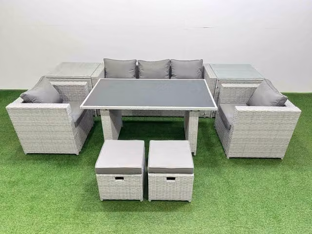 Fimous Modern Patio Garden Furniture Set in Light Grey with Dining Table, 2 Side Tables and Small Stool