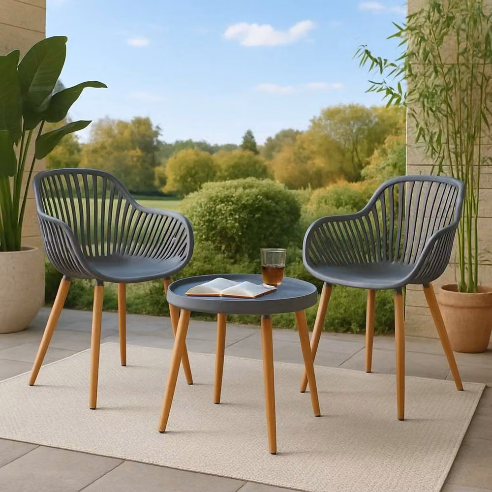 KORVIXA 3-Piece Grey Garden Bistro Set with Steel and Wood-Effect Legs – 2