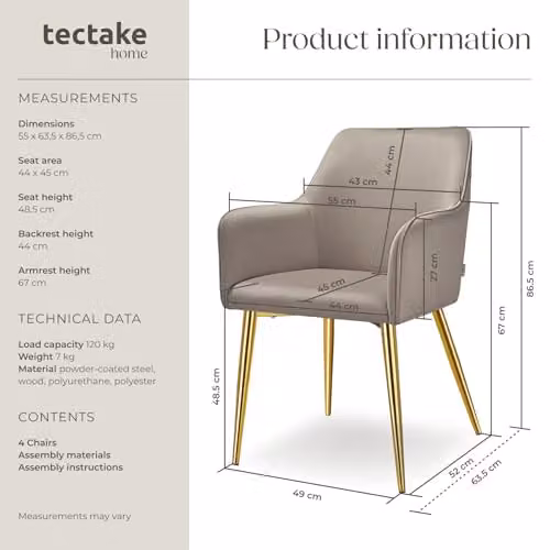 tectake Set of 4 Modern Velvet-Look Dining Chairs with Armrests in Beige and Gold – 3