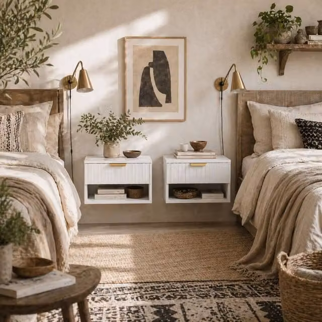 Wyld Haus Set of 2 White and Gold Wall Mounted Bedside Tables with Soft Close Drawers and Shelving