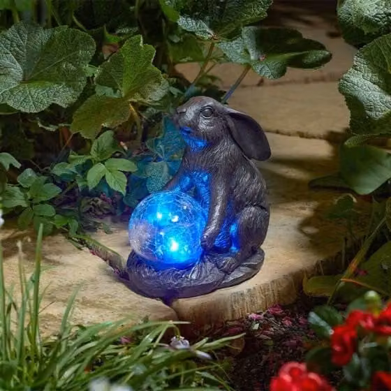 Marco Paul Solar Rabbit Garden Ornament with Crackle Ball in Brown Ceramic