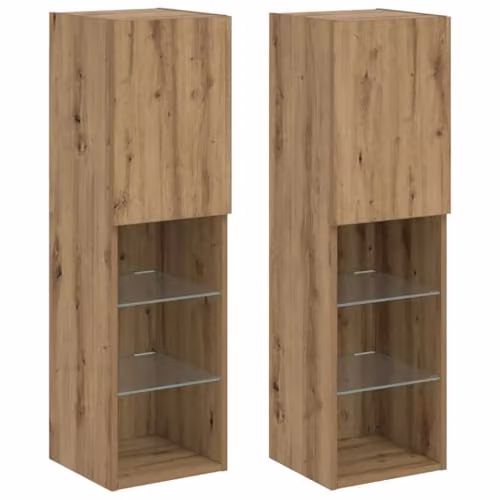 vidaXL Set of 2 Modern Wall-Mounted TV Cabinets with Integrated LED Lights, Brown, W/D/H: 30.5 x 30.5 x 102 cm