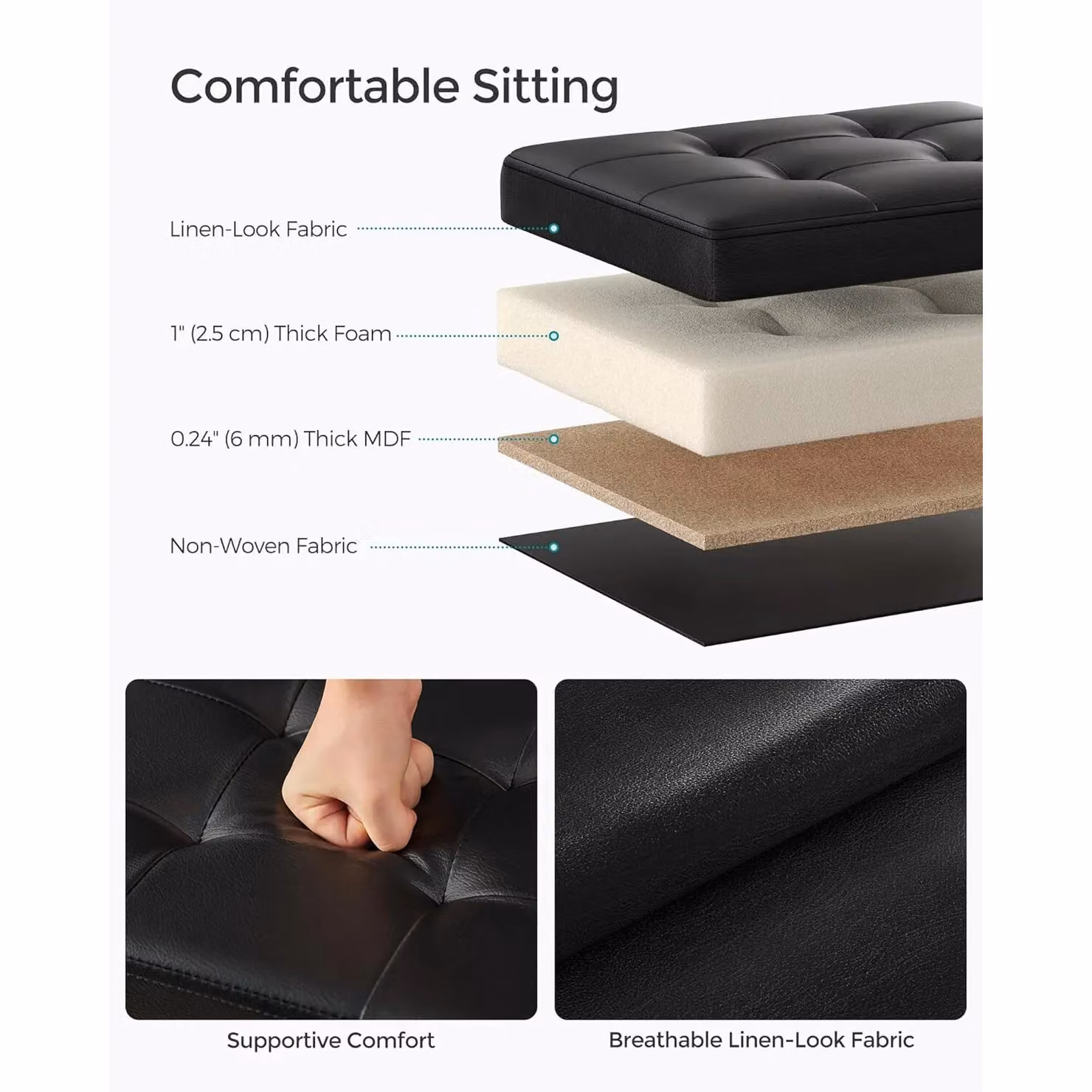 SONGMICS Small Cube Foldable Storage Ottoman and Foot Rest in Black Synthetic Leather – 3