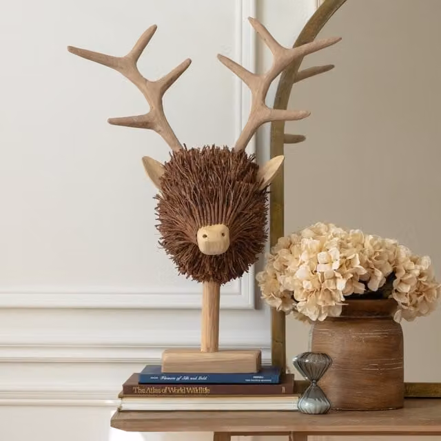 Voyage Maison Stirling Stag Head Brown Wood and Rattan Tabletop Sculpture