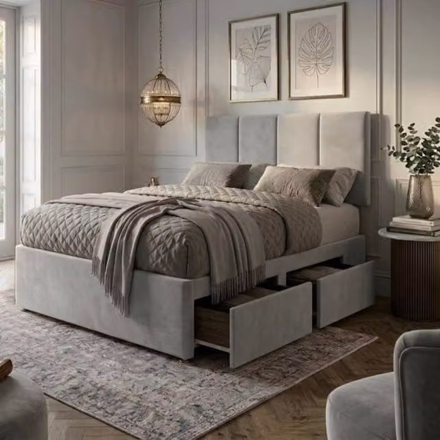 Bed Time UK Plush Velvet Super King Divan Bed with Mattress, 20 Inch Vertical Headboard and 2 Drawers in Silver Grey