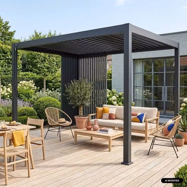sweeek Triomphe Louvered Pergola in Dark Grey with 100cm Vertical Louvres, W: 301 cm, D: 393 cm, H: 250 cm