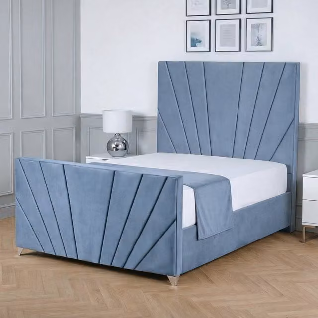 Living Comfort Bedz Lumina Plush Velvet Upholstered Bed with Slatted Base and 48 Inch Headboard, Light Blue, W/D/H: 140 x 200 cm