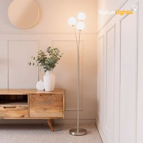ValueLights Silver Chrome 3 Way Triple Stem Floor Lamp with White Frosted Glass Globe Shades – 2