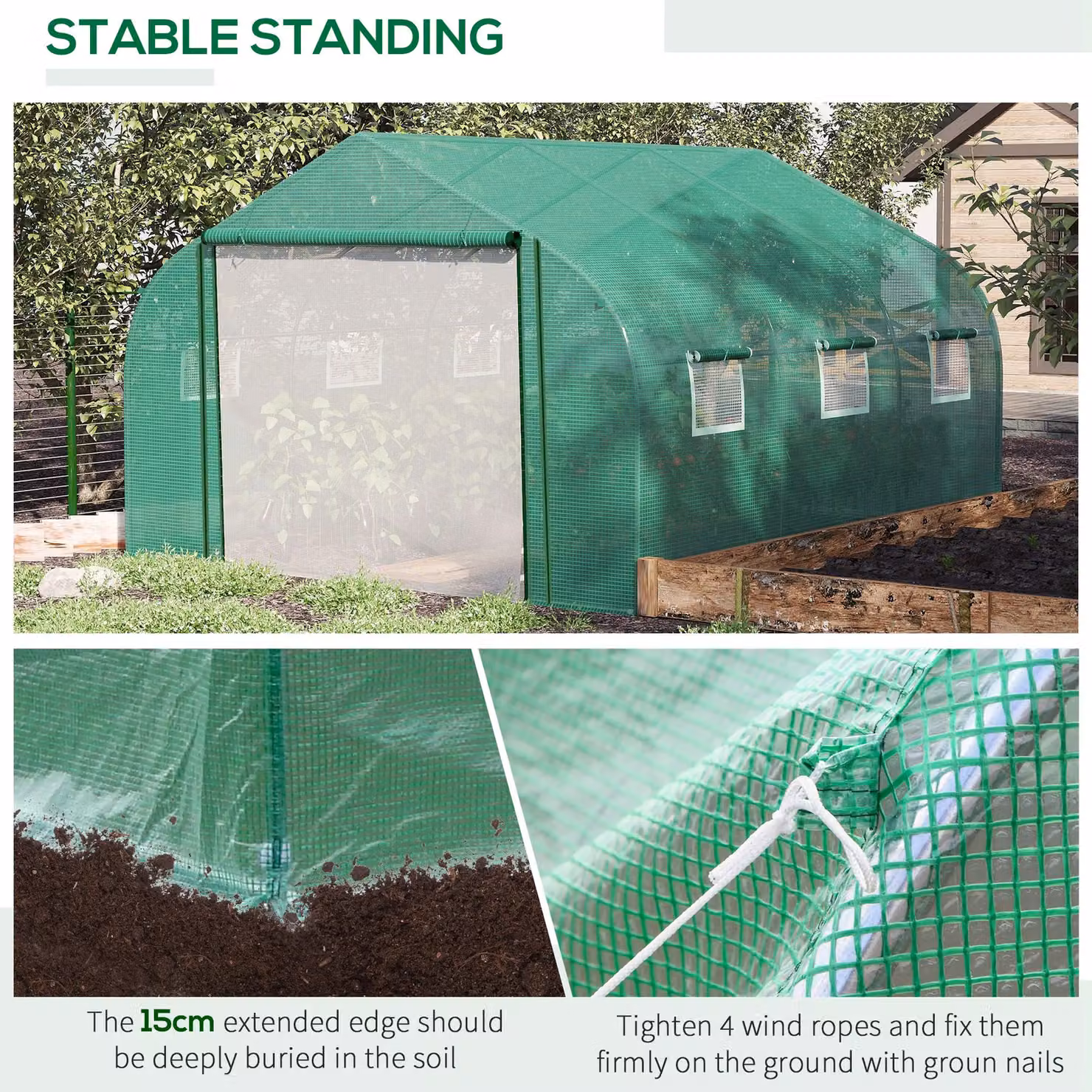 OUTSUNNY Freestanding Outdoor Tunnel Greenhouse with Roll Up Door and Window in Green, W/D/H: 300 x 347 x 200 cm – 3