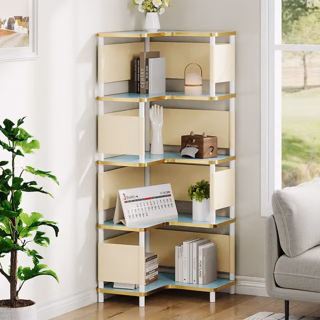 Livingandhome L-shaped Corner Bookshelf in Blue, White and Gold, Height: 116 cm