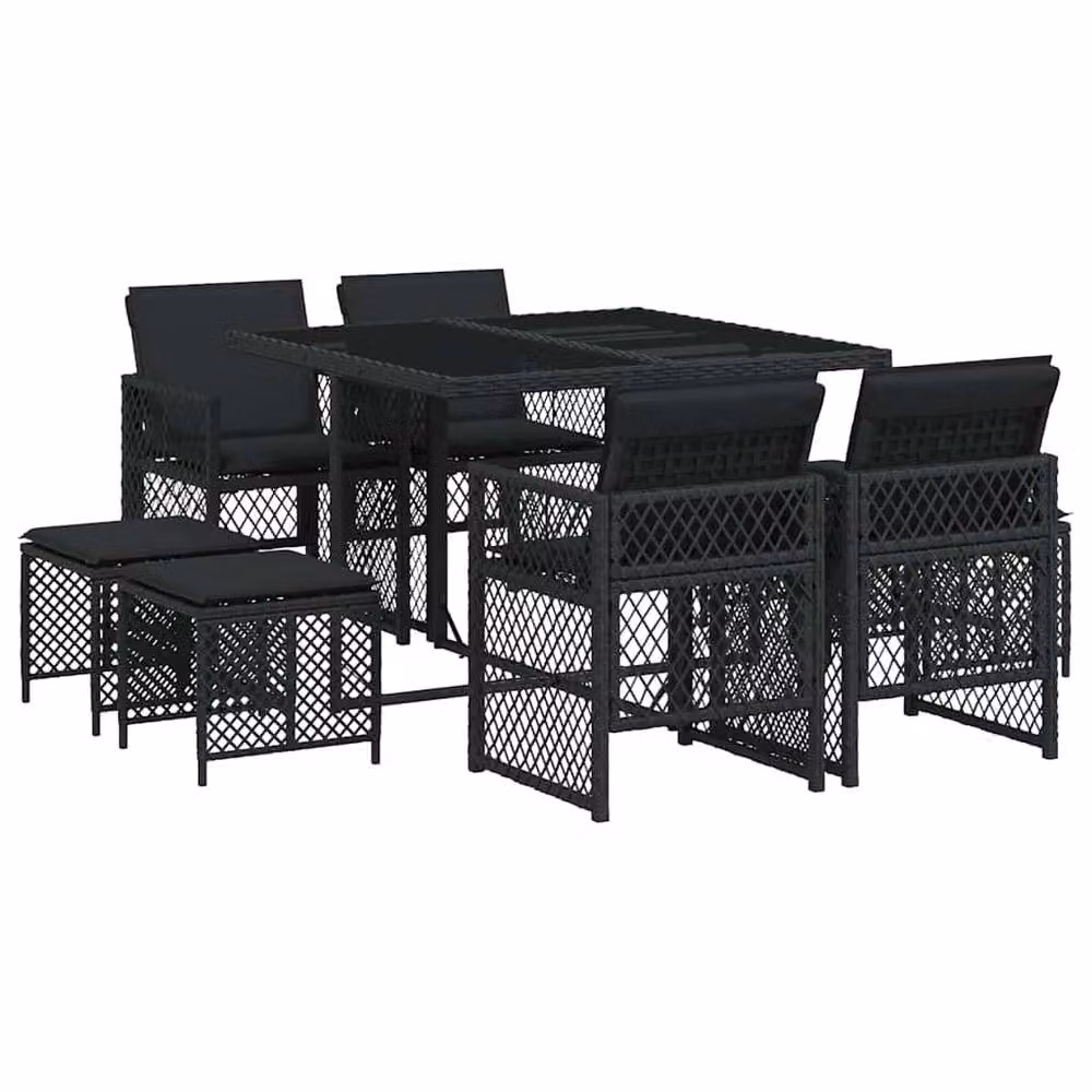 Berkfield Home 9 Piece Black Poly Rattan Garden Dining Set with Cushions and Glass Top – 2