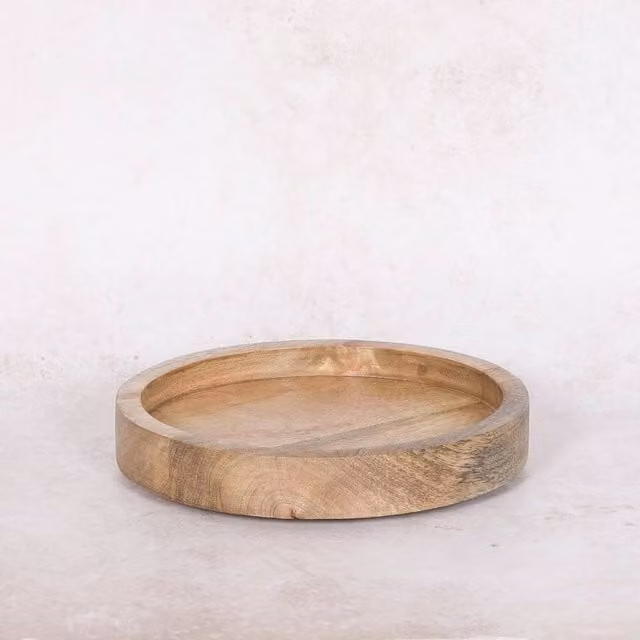 PAWNORA Large Round Solid Mango Wood Tray in Brown and Beige