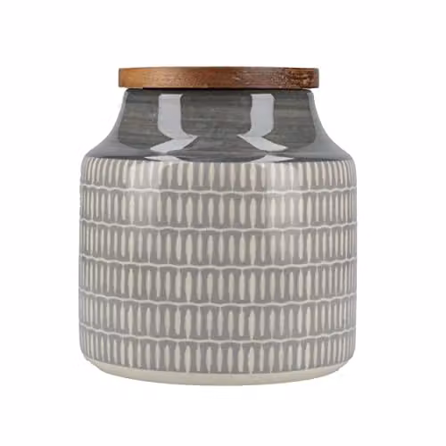 Mikasa Drift Grey Ceramic Airtight Storage Canister with Wooden Lid, 900ml