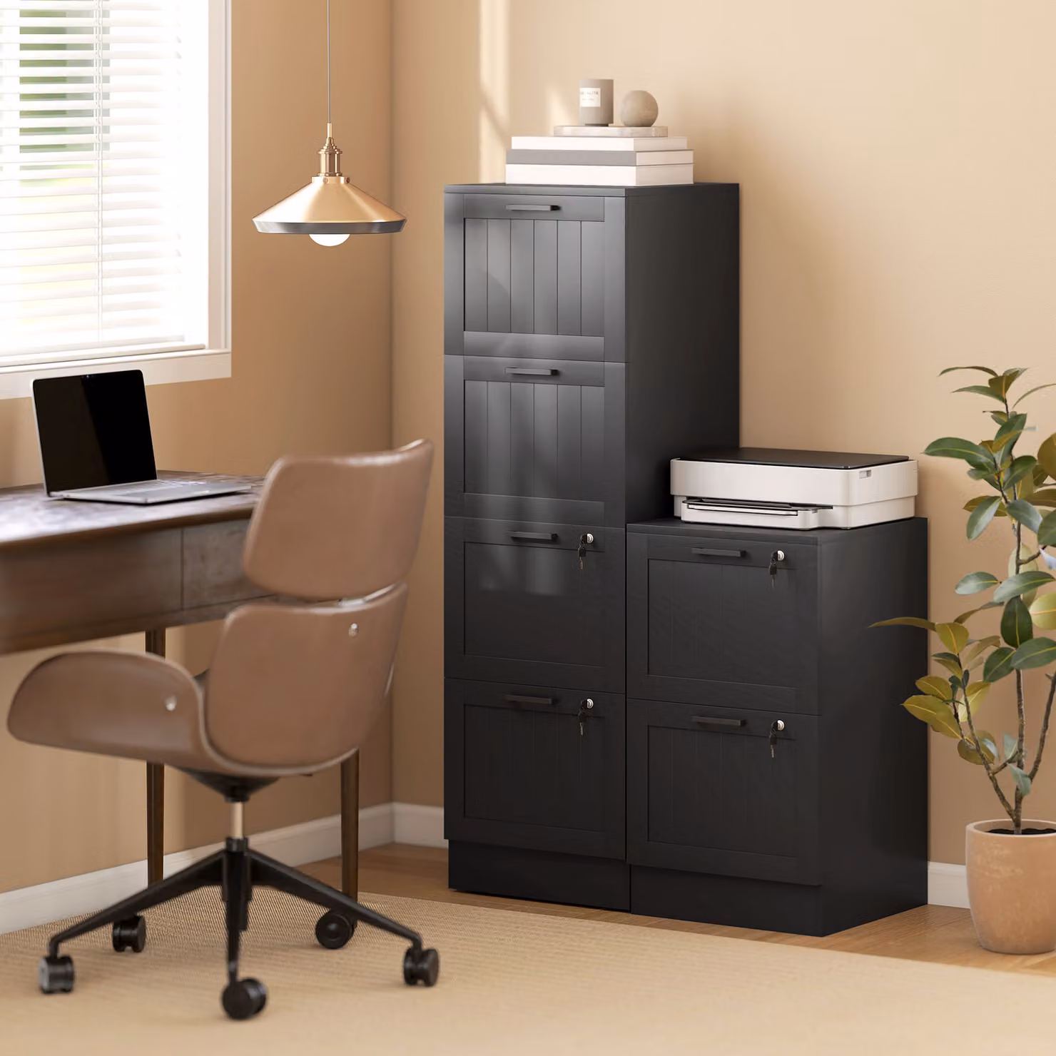 HOMCOM 4 Drawer Filing Cabinet with Lock in Black, Office Storage Cabinet with Adjustable Hanging Bars for A4 and Letter Size Files – 5