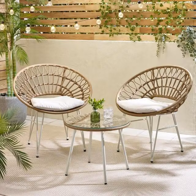 FurnitureboxUK Crete 3 Piece Round Garden Table and Chair Set with Glass Top and Beige Weather Resistant Cushions