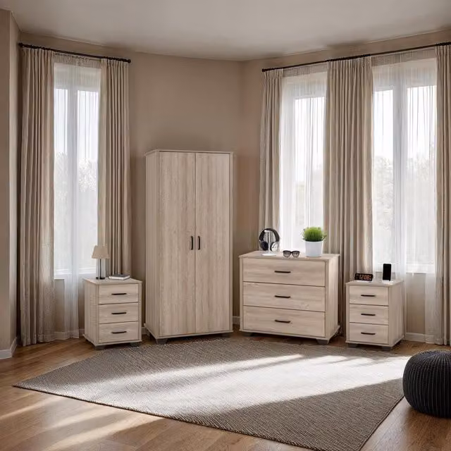 Seconique Modern Oak Effect Bedroom Set with Wardrobe, Chest of Drawers and Nightstand