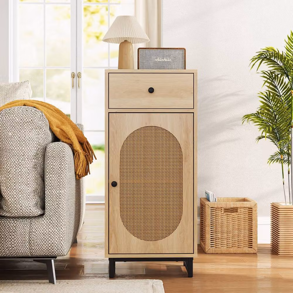 Costway PE Rattan Storage Floor Cabinet with Slide Out Drawer and Soft Close Hinged Doors in Beige – 2