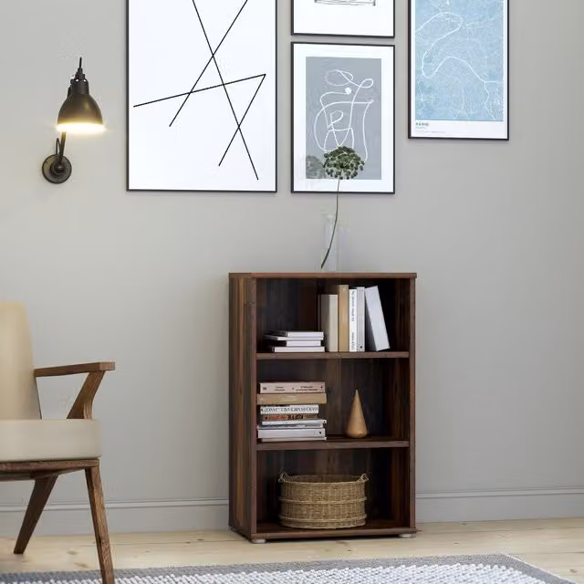 Furniture To Go Essential Low Narrow 2 Shelf Bookcase in Vintage Oak Brown