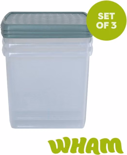 Wham Clip Set of 3 Green 37L Square Plastic Storage Boxes with Clip Lock Lids, Handles and Stackable Design