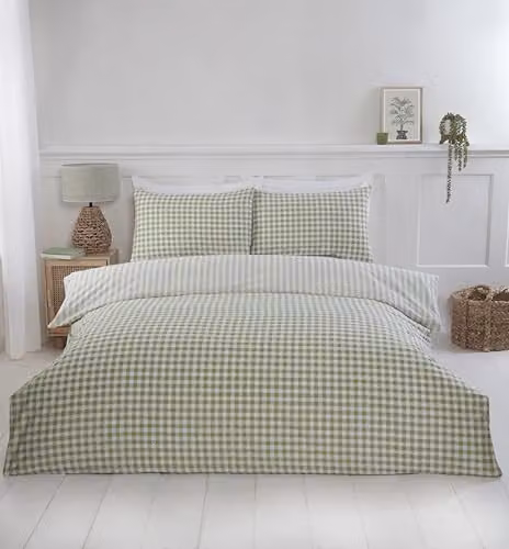 Rapport Home Single Polycotton Checked Duvet Cover Set with Pillowcase, Green and White, W/D/H: 135 x 200 cm and 50 x 75 cm