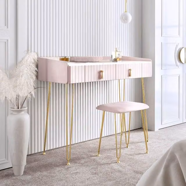 CARME HOME Tokyo Glow Ballerina Pink Quilted Velvet Dressing Table with LED Mirror and Matching Stool Set