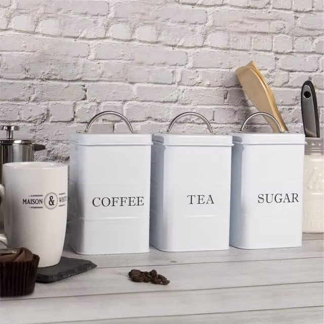 Maison & White Airtight Stainless Steel Tea, Coffee and Sugar Canister Set in White