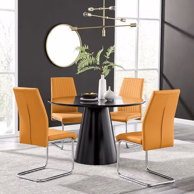 FurnitureboxUK Palma Black Semi Gloss Round Dining Table and 4 Lorenzo Chairs in Mustard Yellow