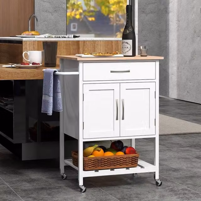 KORVIXA Mobile Rolling Kitchen Island Serving Cart in White with Rubberwood, W: 60 cm, H: 75 cm