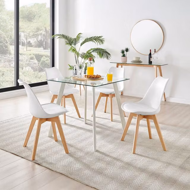 FurnitureboxUK Seattle Square Glass Dining Table with 4 Stockholm White Wooden Leg Chairs