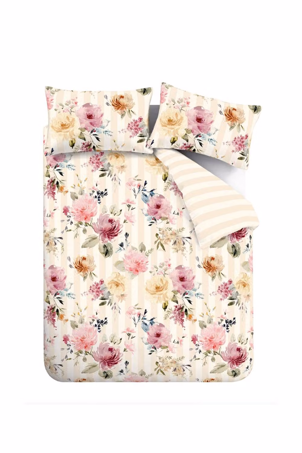 Catherine Lansfield Floral Stripe So Soft Reversible Microfibre Duvet Cover and Pillowcase Set, Cream/Beige, Duvet Cover: 180 x 200 cm, Pillowcase: 50 x 75 cm – 2