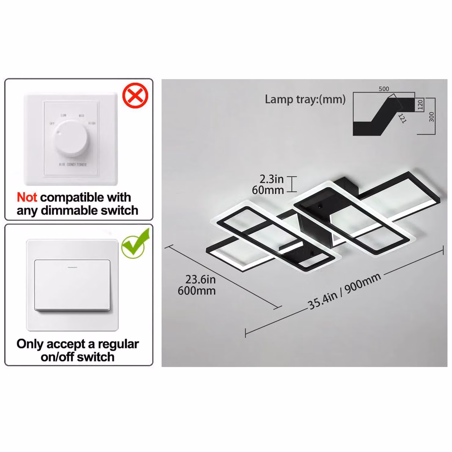 Garwarm Modern 95W LED Flush Mount Ceiling Light, Black Metal and Acrylic 4 Square Design – 3