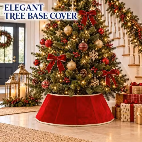 Shatchi Velvet Christmas Tree Skirt in Red and Gold, Diameter: 68 cm – 6