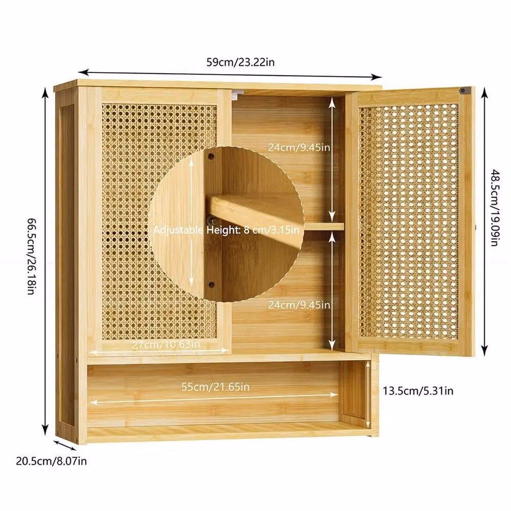 KORVIXA 3 Tier Wall Mounted Wooden Bathroom Medicine Cabinet in Natural Brown, W: 70 cm, H: 65 cm – 2